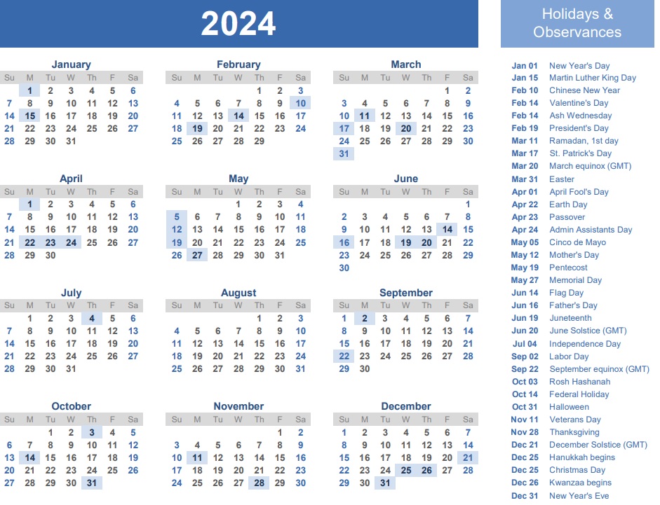 2024 calendar holidays observances